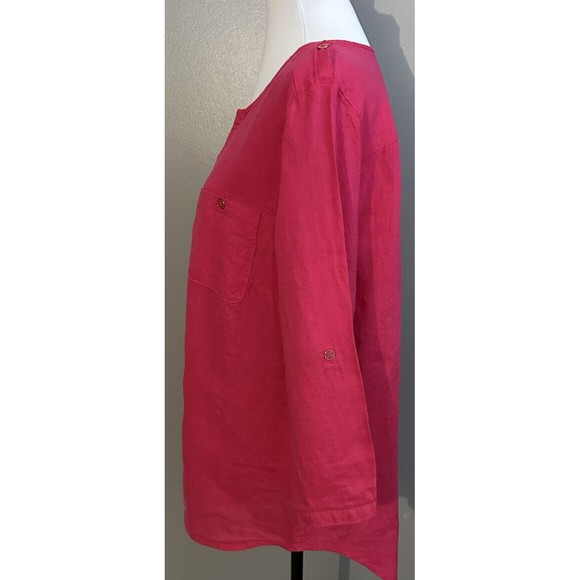 JM Collections Sz 14 Pink Linen Button Down Blouse Top 3/4 Sleeve Roll Tab Tunic - Picture 2 of 7
